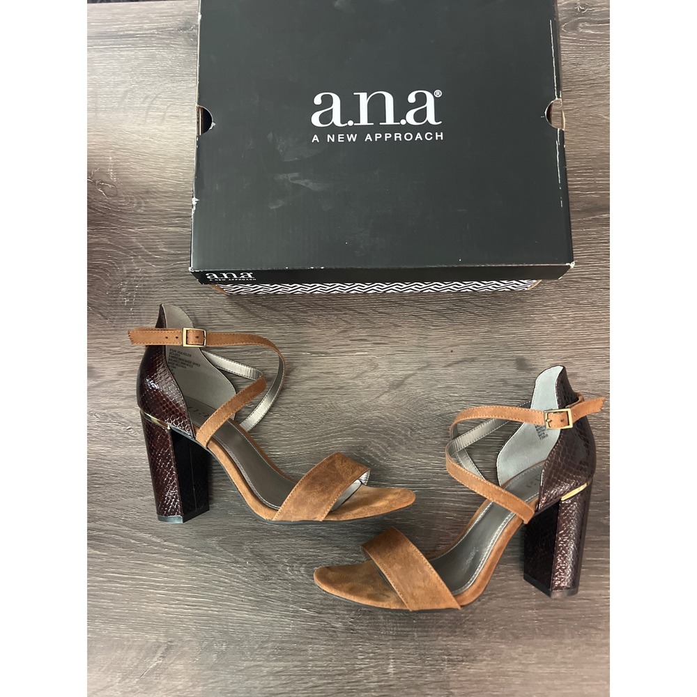 a.n.a Women Brown Suede Burgundy Snakeskin Strappy Block Heel Sandals Size 8.5